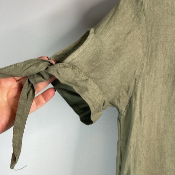 TERZO MILLENNIO Linen Shift  Dress Sage Green Tied Short Sleeves Coastal Loose S - Picture 4 of 11